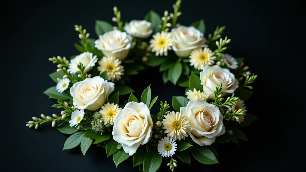 Fresh sympathy wreath arrangement with white and cream flowers