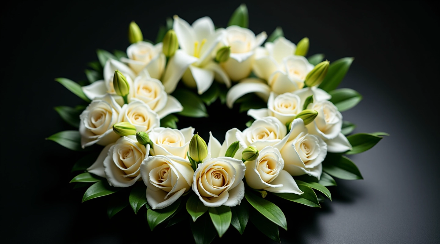 White and cream sympathy wreath with roses and lilies on dark background