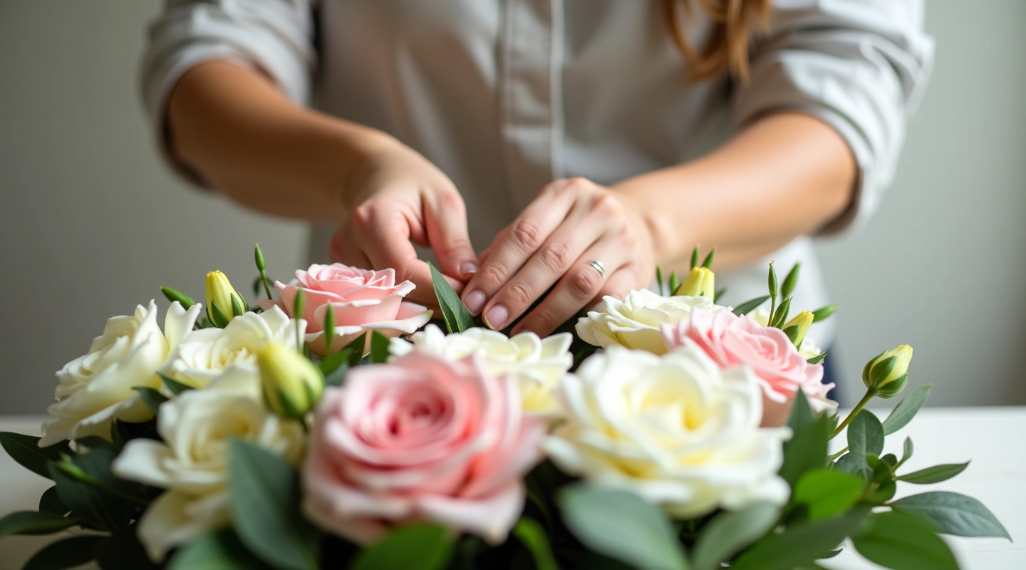 Skilled florist carefully crafting a memorial flower arrangement with fresh blooms and greenery