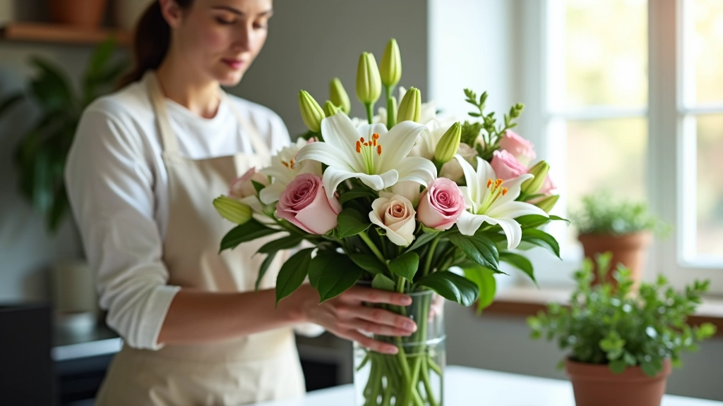 Florist arranging white lilies and roses in tall glass vase with greenery for funeral service