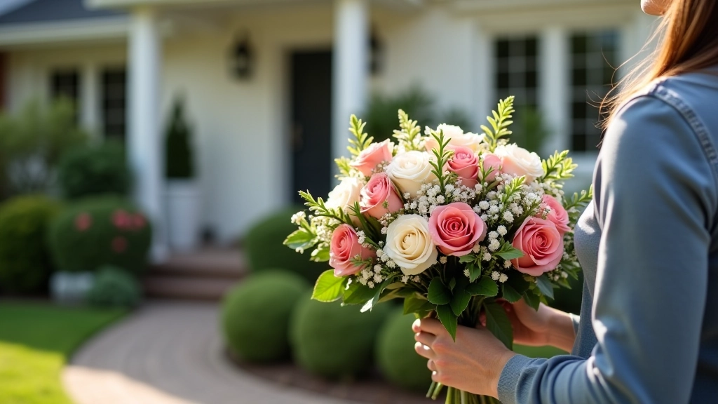 Fresh flower delivery van parked outside house with floral arrangements