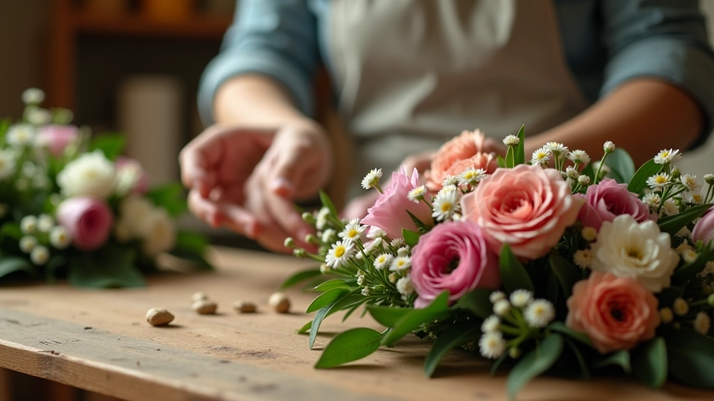 Fresh flowers being arranged by skilled florist hands at workstation