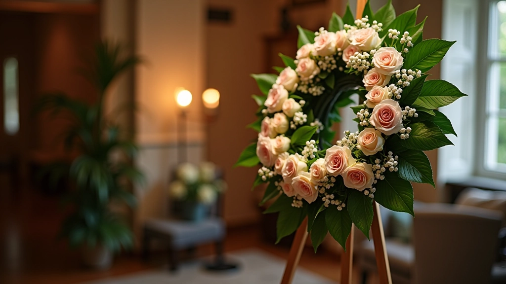 Sympathy wreath displayed in funeral home setting with soft lighting and elegant background