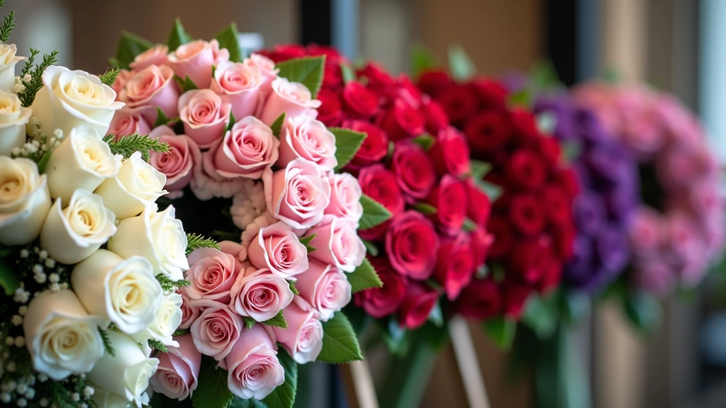 Sympathy wreaths in various color combinations including white, pink, purple, and red flowers displayed together