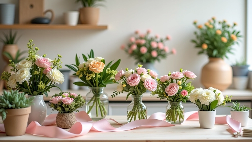 Professional florist workspace with arranged flowers, ribbons, and craft materials organized neatly