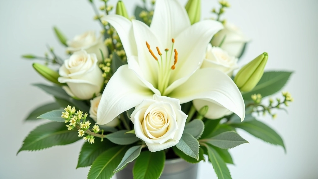 Close-up of delicate white and cream flowers with greenery in professional funeral arrangement