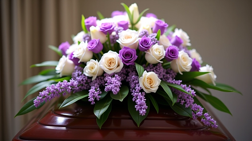 Purple and white casket spray with flowing arrangement