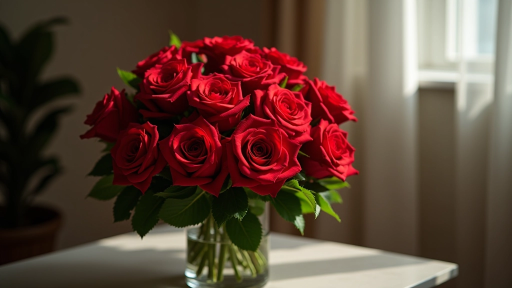 Red roses and carnations arranged in a tall funeral tribute vase with green foliage and fern, memorial arrangement