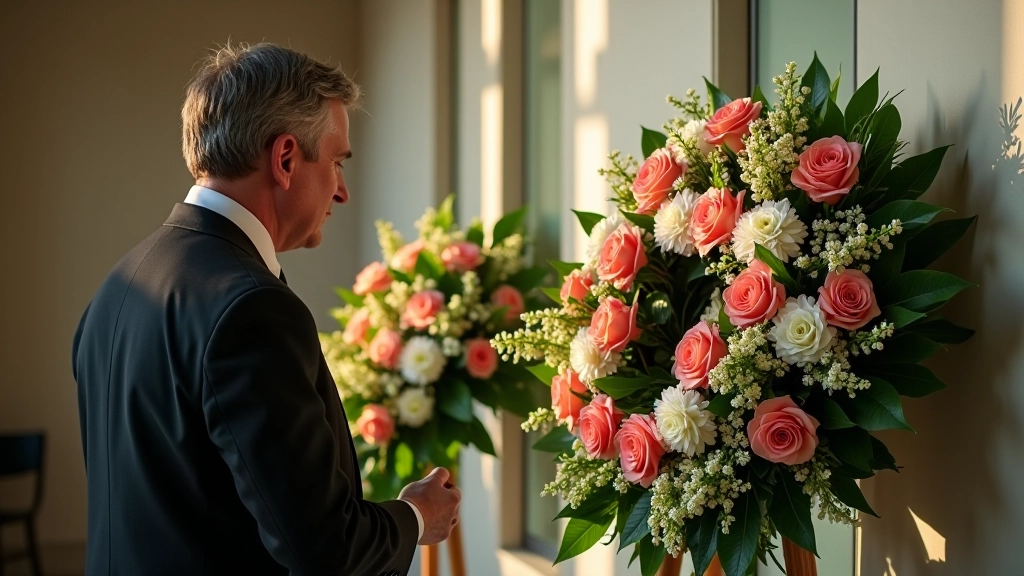 Comparison display of standing tribute spray and traditional wreath arrangement side by side