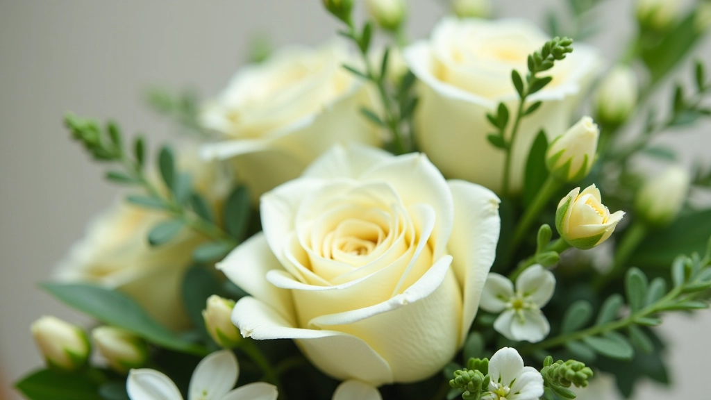 Close-up of sympathy wreath showing detailed flower arrangement with roses, chrysanthemums, and greenery in soft white and cream tones