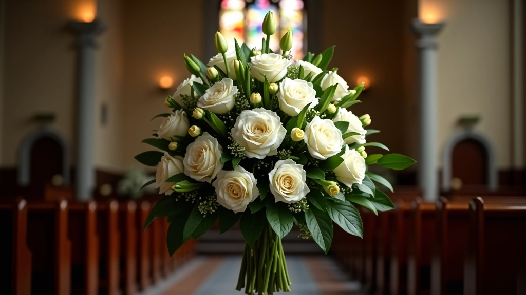Professional standing tribute spray arrangement with mixed flowers in a funeral chapel setting