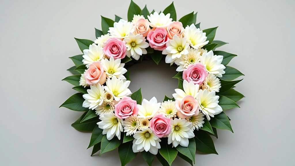 Traditional round sympathy wreath with white and pink flowers