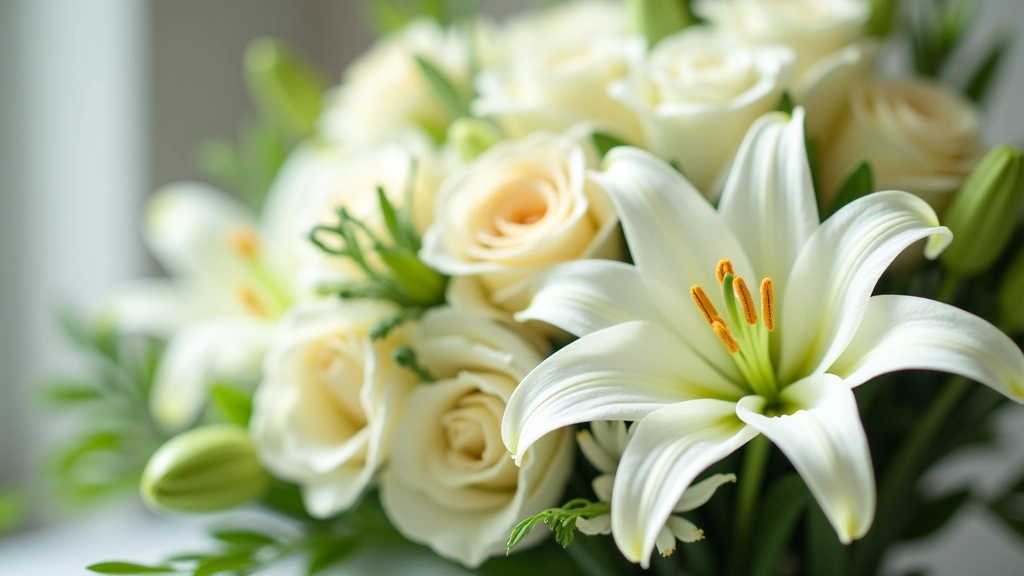 Classic white and cream sympathy wreath with fresh roses and greenery for funeral service