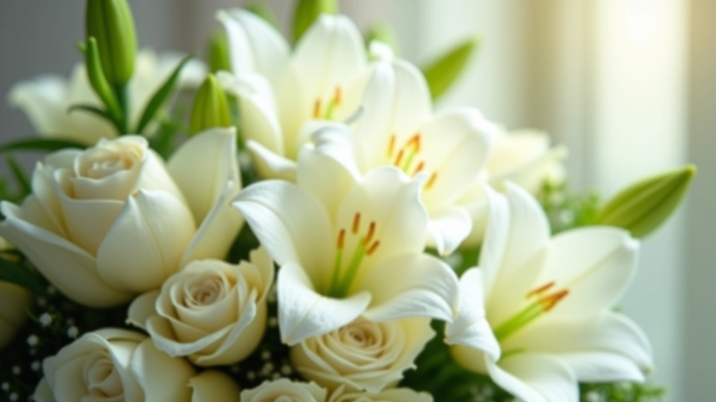 Close-up of white and cream colored flowers including lilies and roses with green foliage in soft natural light