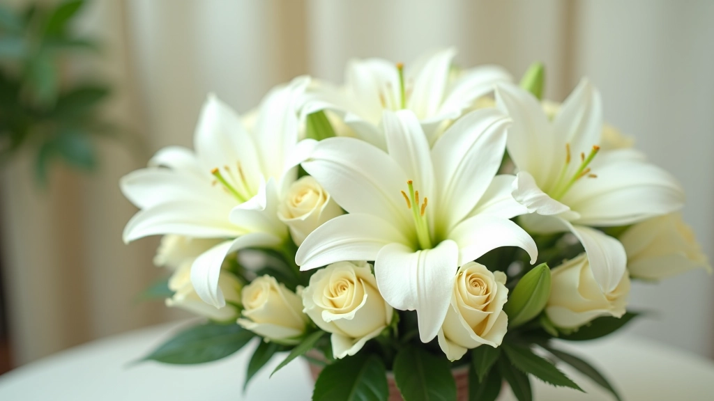 White lilies, white roses, and white chrysanthemums in a ceramic vase with trailing ivy, peaceful funeral arrangement