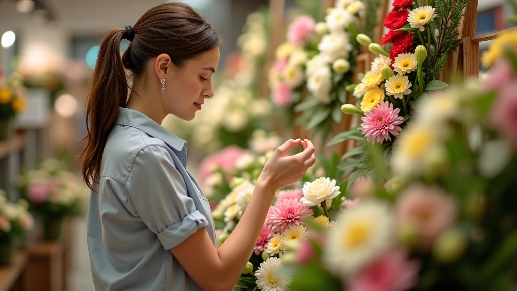 Family selecting flowers at a florist shop, examining different arrangement options