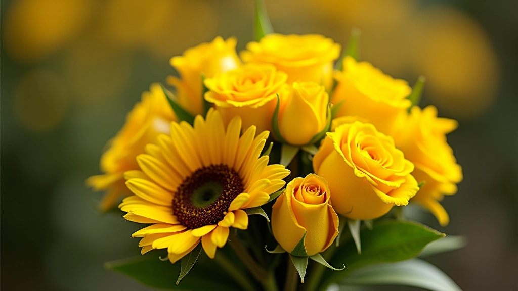 Yellow sunflowers and yellow roses with bright green foliage in a cheerful funeral tribute arrangement